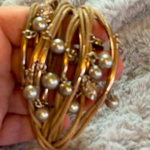 Very sparkly faux leather multi strand charm with pearls & crystal in tan- USED